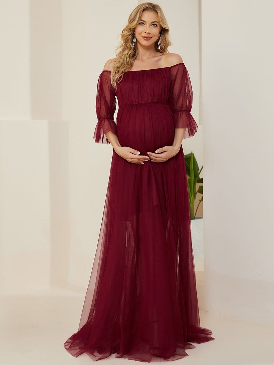 Off the Shoulder Pleated Tulle Maxi Maternity Wedding Guest Dress #color_Burgundy