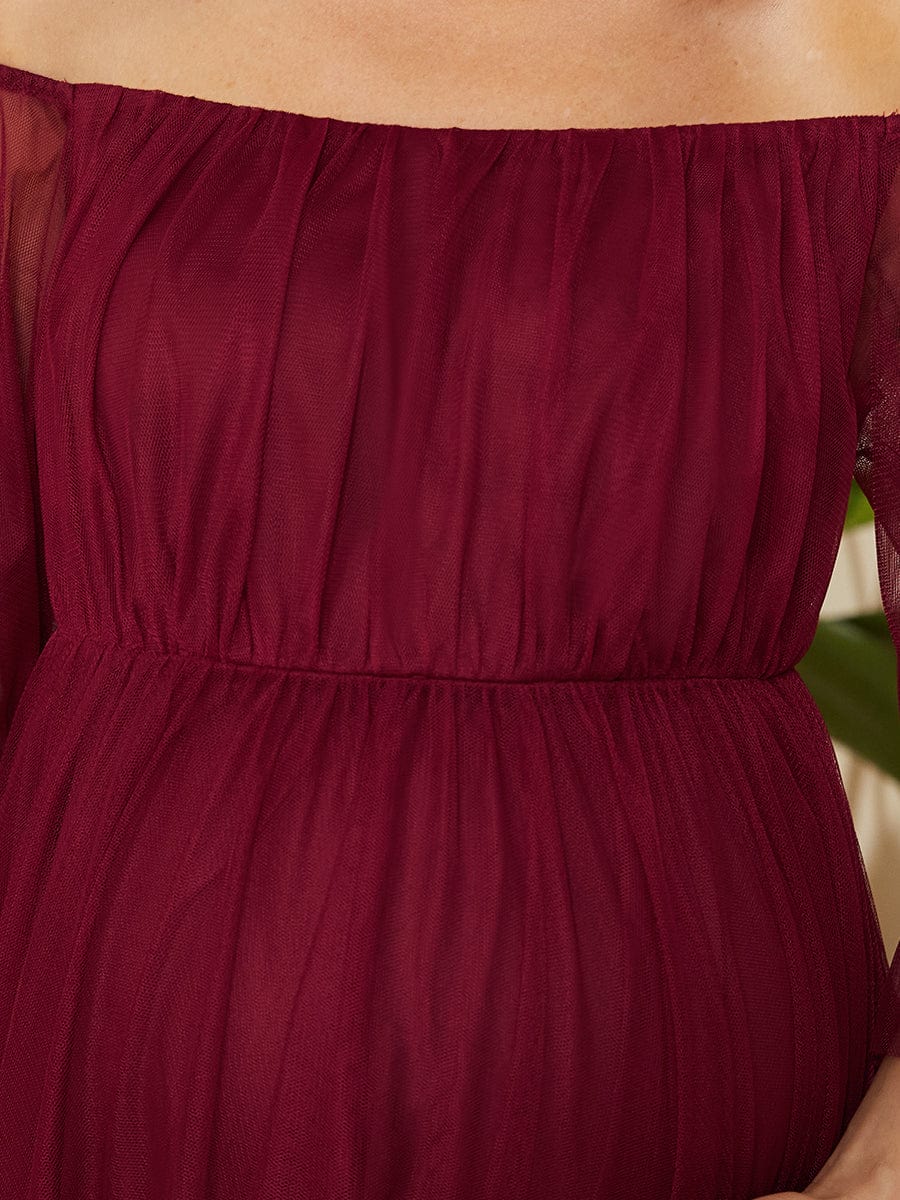 Off the Shoulder Pleated Tulle Maxi Maternity Dress #color_Burgundy