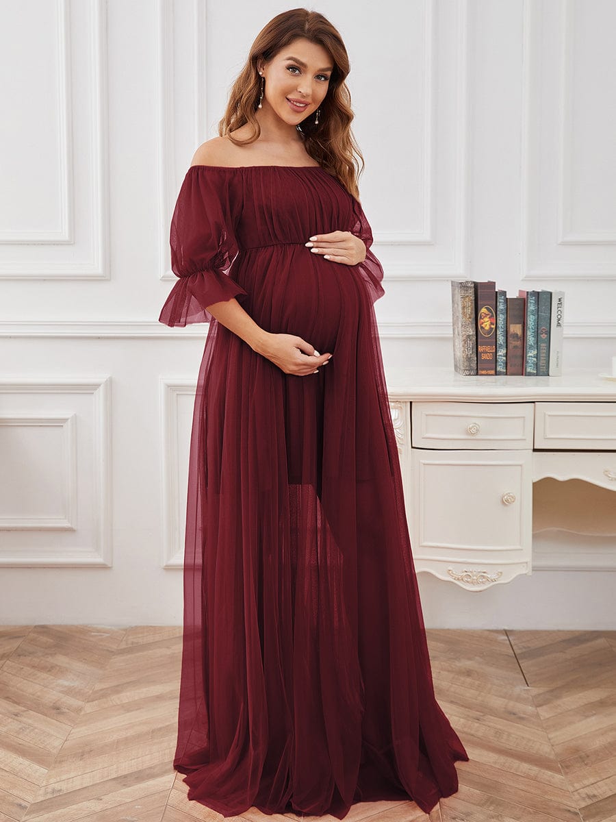Off the Shoulder Pleated Tulle Maxi Maternity Dress #color_Burgundy