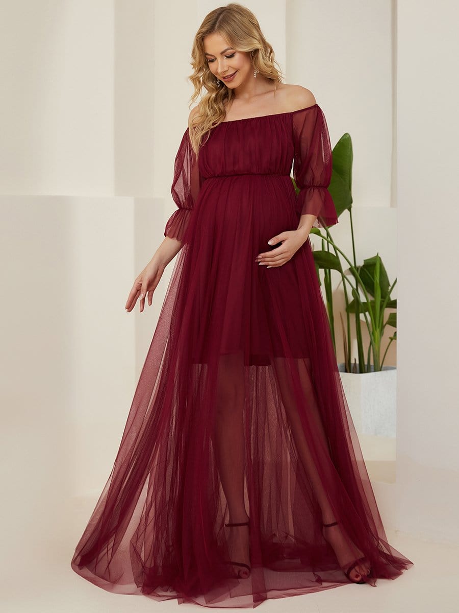 Off the Shoulder Pleated Tulle Maxi Maternity Wedding Guest Dress #color_Burgundy