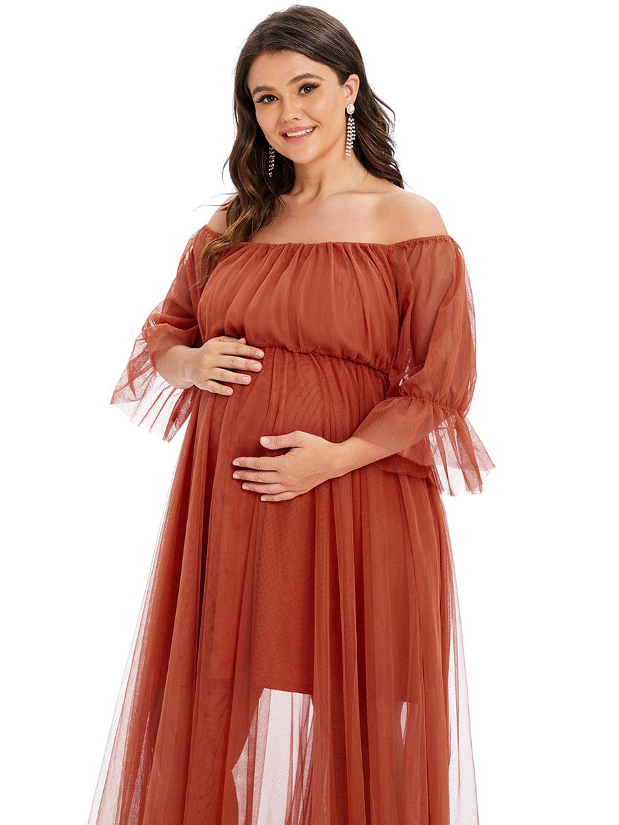 Plus Size Off the Shoulder Pleated Maxi Tulle Maternity Dress