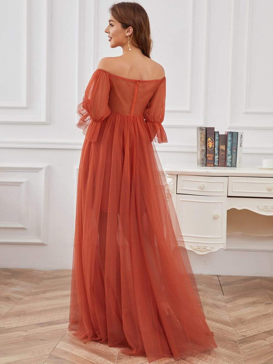 Off the Shoulder Pleated Tulle Maxi Maternity Wedding Guest Dress #color_Burnt Orange