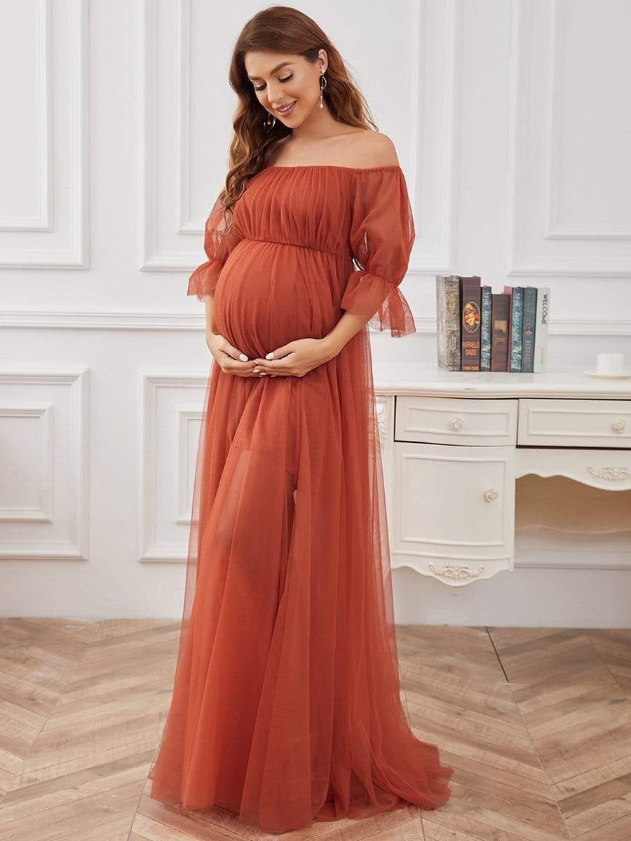 Off the Shoulder Pleated Tulle Maxi Maternity Wedding Guest Dress #color_Burnt Orange