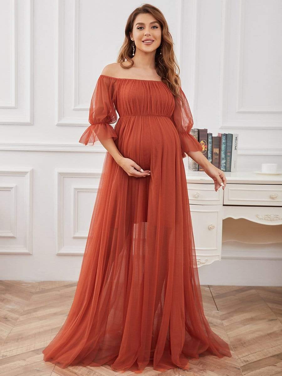 Off the Shoulder Pleated Tulle Maxi Maternity Wedding Guest Dress #color_Burnt Orange