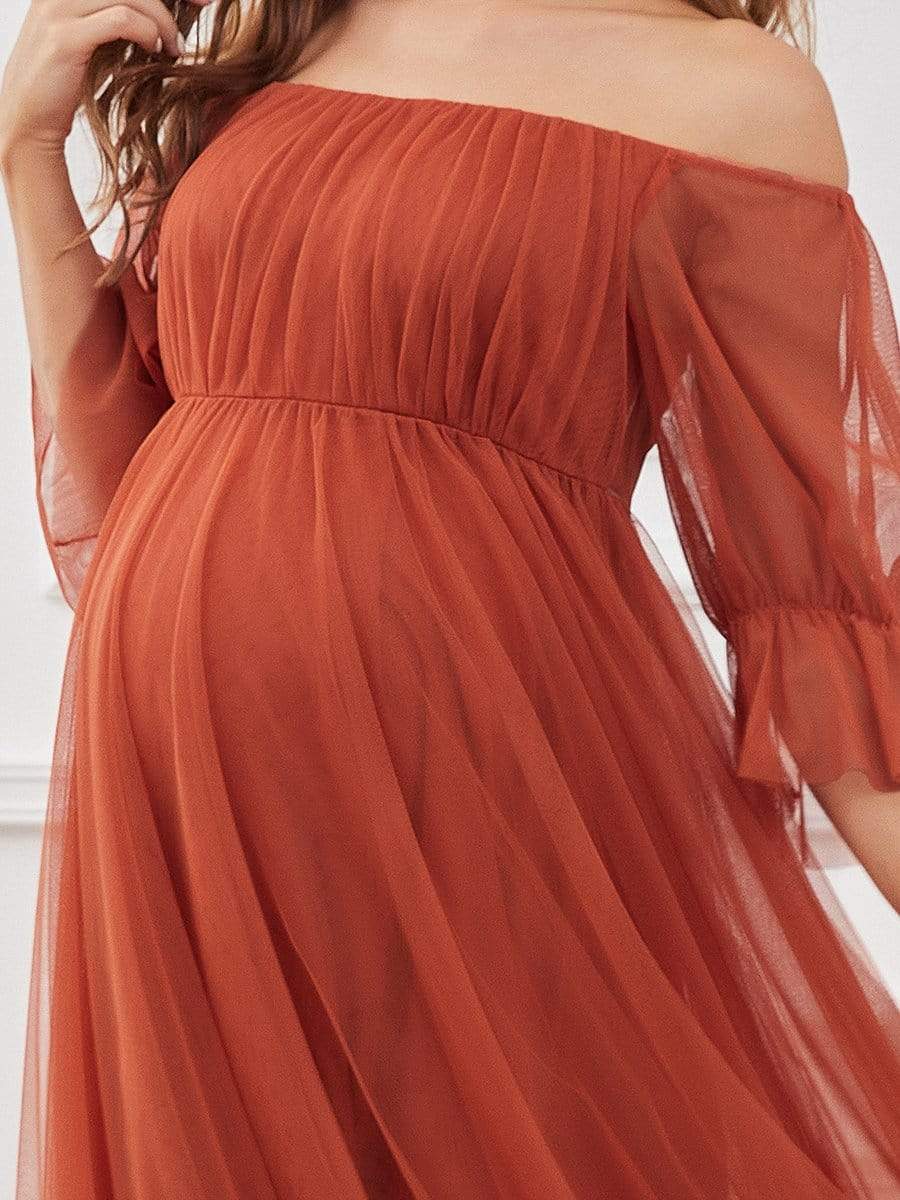 Off the Shoulder Pleated Tulle Maxi Maternity Dress #color_Burnt Orange