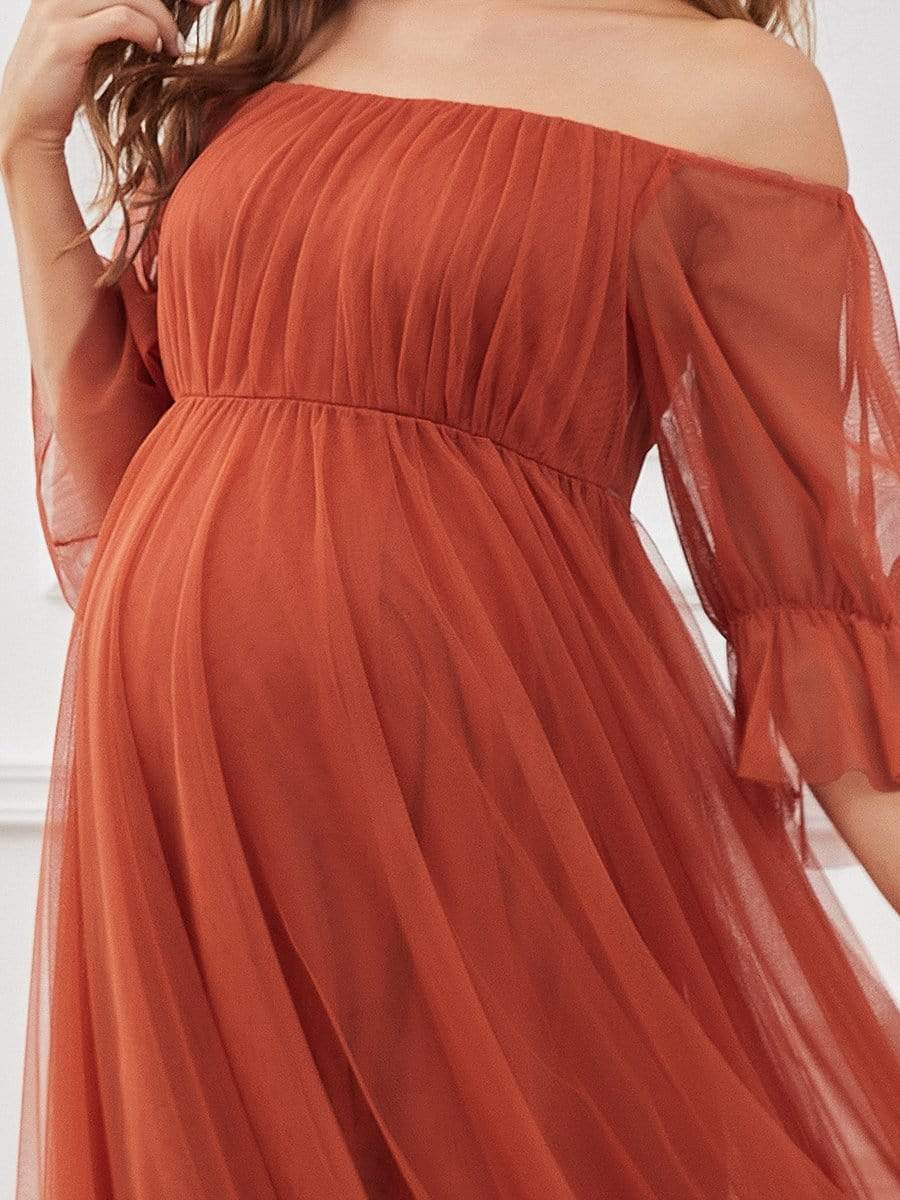 Off the Shoulder Pleated Tulle Maxi Maternity Wedding Guest Dress #color_Burnt Orange