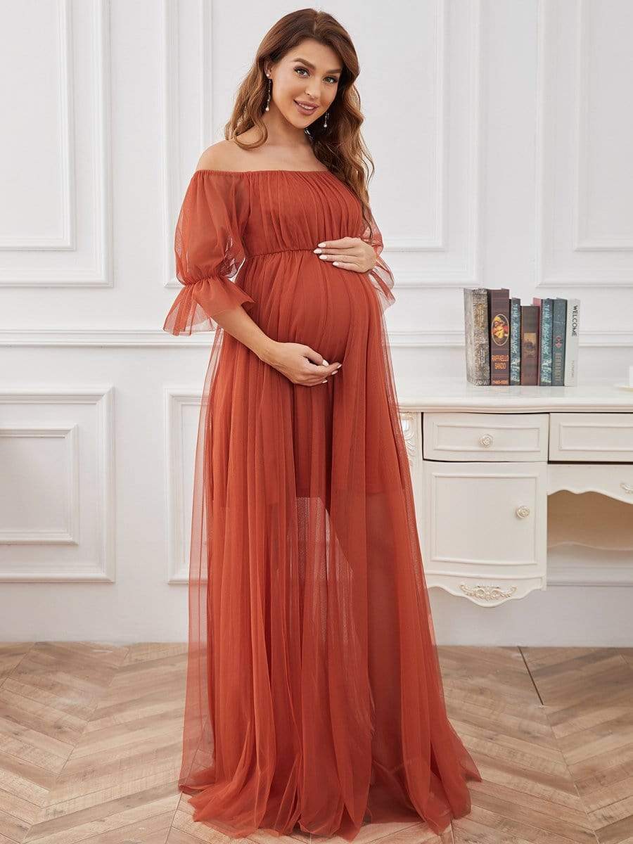 Off the Shoulder Pleated Tulle Maxi Maternity Wedding Guest Dress #color_Burnt Orange