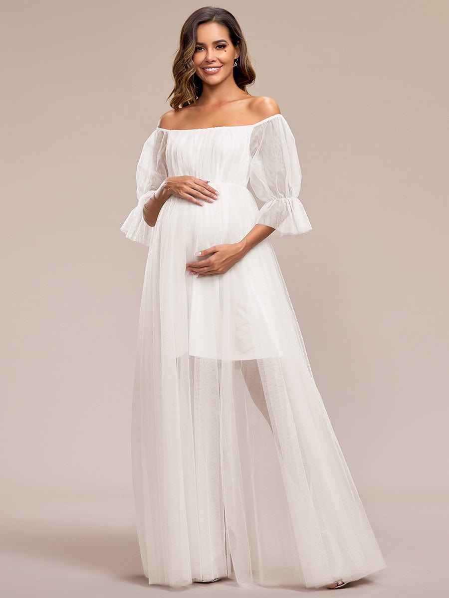 Off the Shoulder Pleated Tulle Maxi Maternity Dress #color_Cream