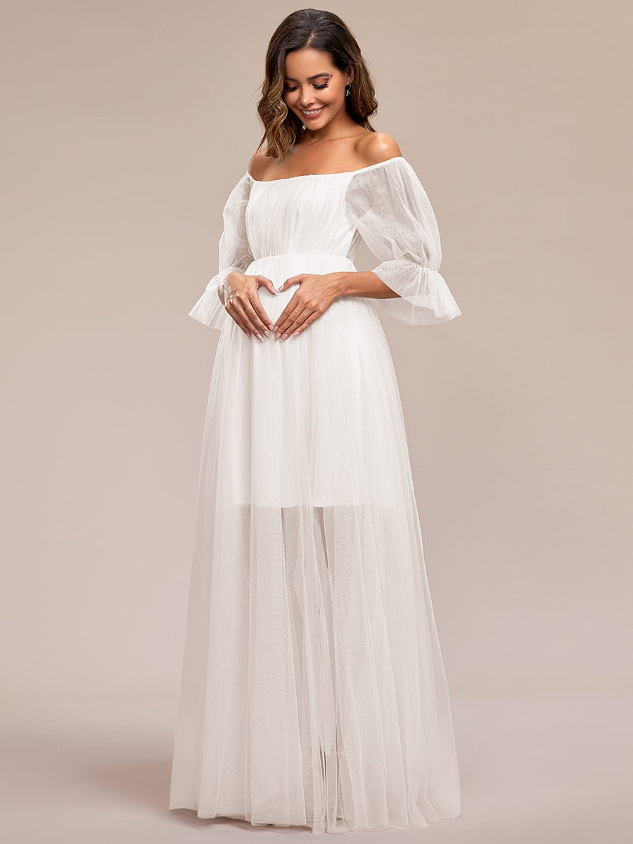 Off the Shoulder Pleated Tulle Maxi Maternity Dress #color_Cream