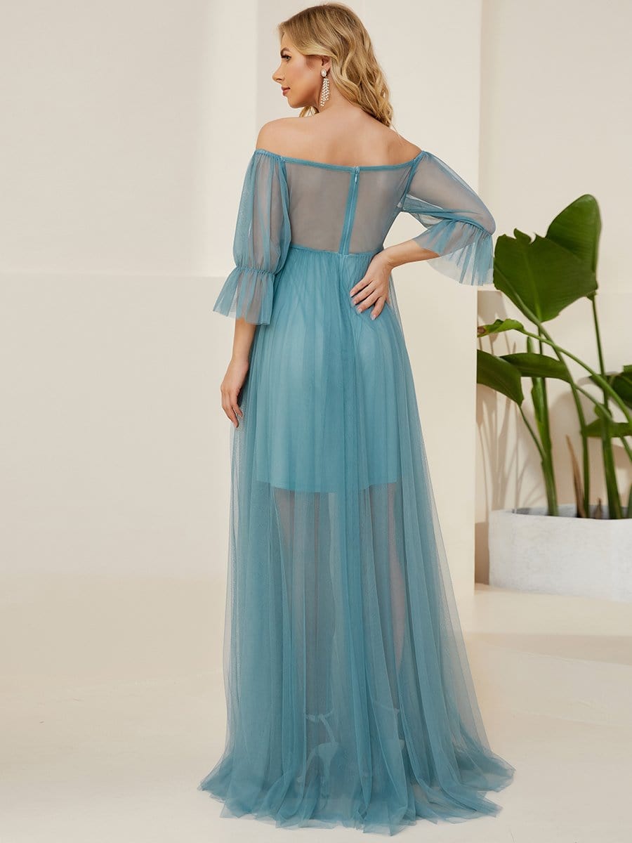 Off the Shoulder Pleated Tulle Maxi Maternity Dress #color_Dusty Blue