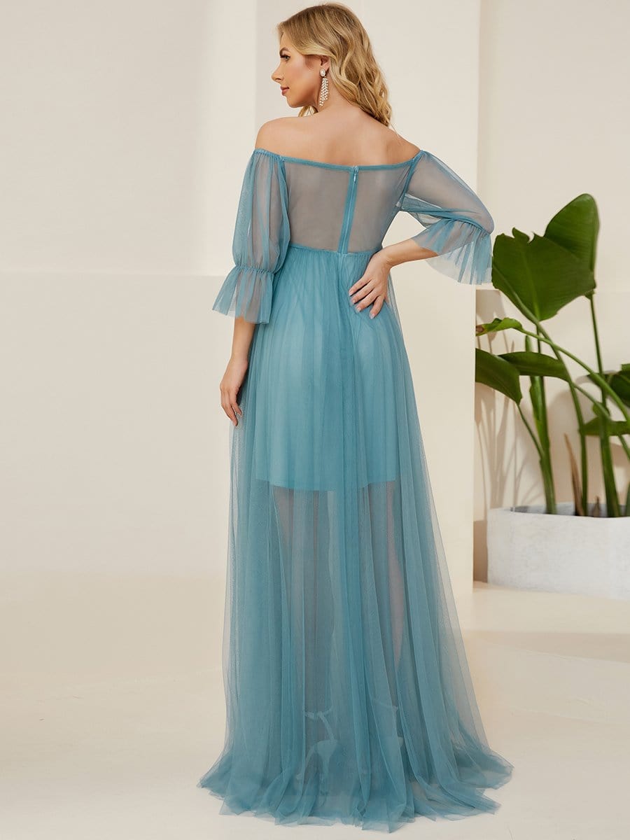 Off the Shoulder Pleated Tulle Maxi Maternity Wedding Guest Dress #color_Dusty Blue