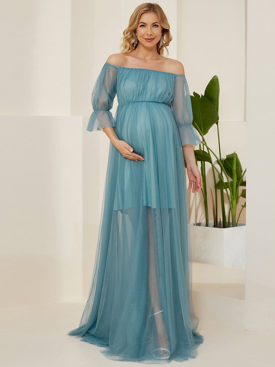 Off the Shoulder Pleated Tulle Maxi Maternity Wedding Guest Dress #color_Dusty Blue