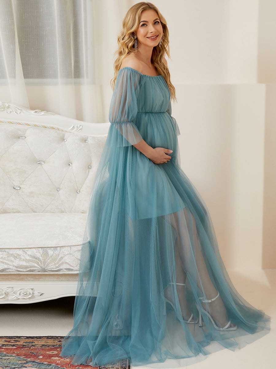 Off the Shoulder Pleated Tulle Maxi Maternity Wedding Guest Dress #color_Dusty Blue