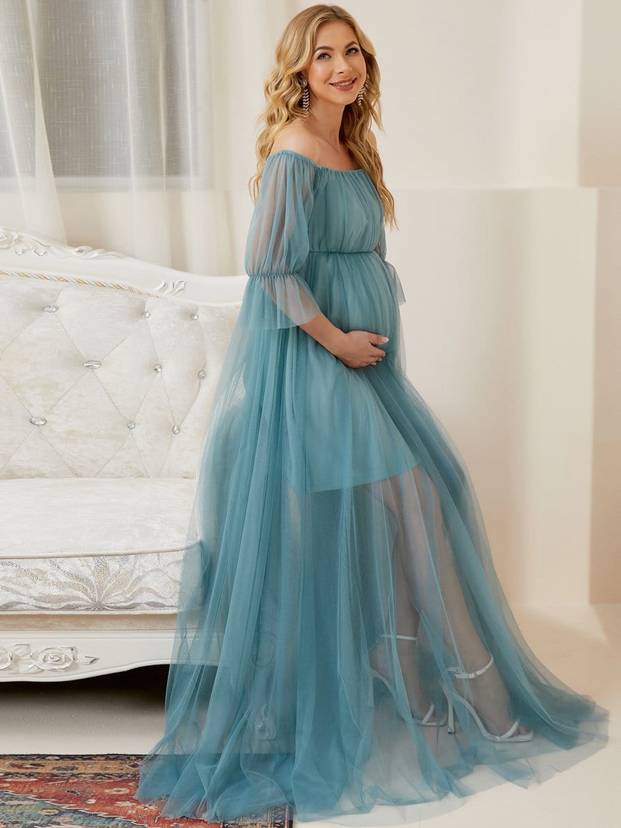 Off the Shoulder Pleated Tulle Maxi Maternity Dress #color_Dusty Blue