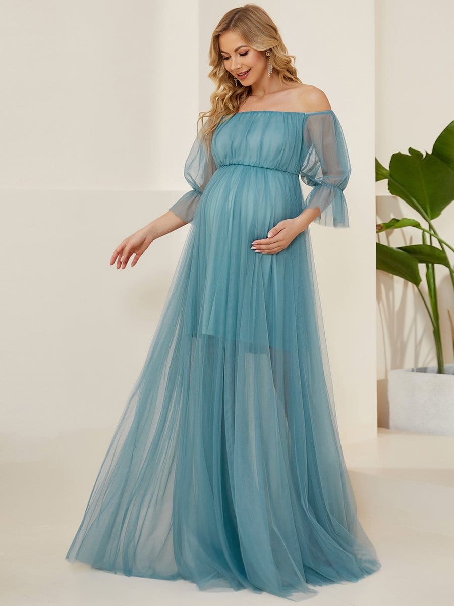 Off the Shoulder Pleated Tulle Maxi Maternity Wedding Guest Dress #color_Dusty Blue