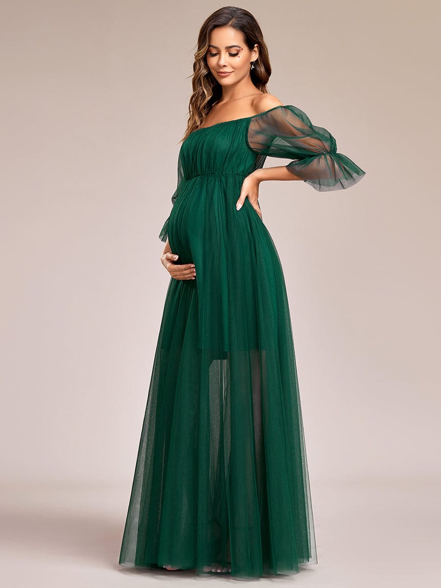 Off the Shoulder Pleated Tulle Maxi Maternity Dress #color_Dark Green