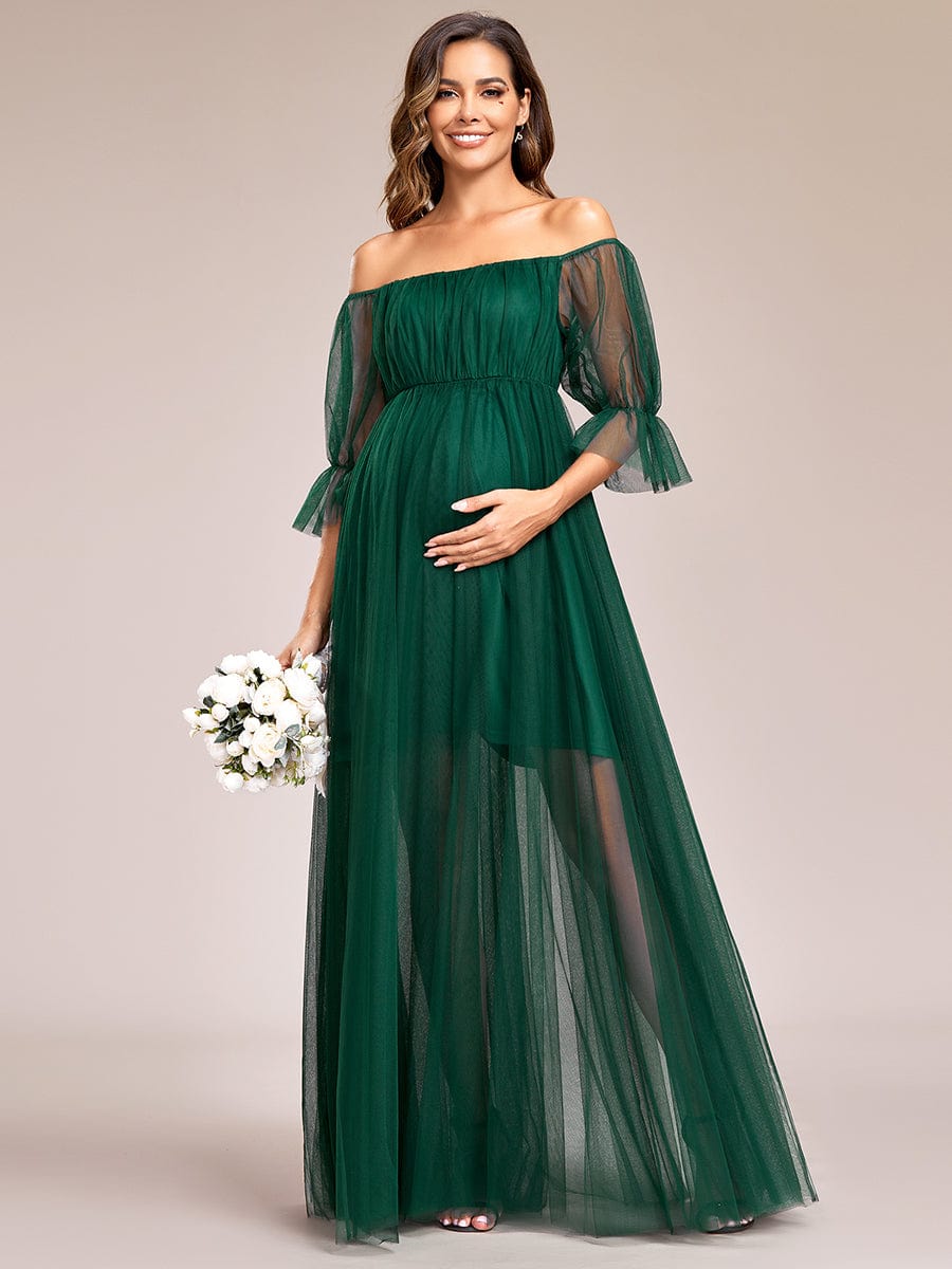 Off the Shoulder Pleated Tulle Maxi Maternity Dress #color_Dark Green
