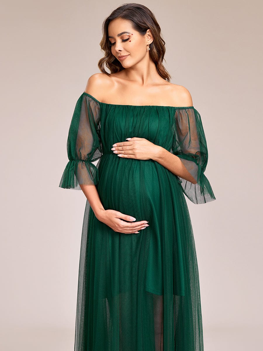 Off the Shoulder Pleated Tulle Maxi Maternity Dress #color_Dark Green