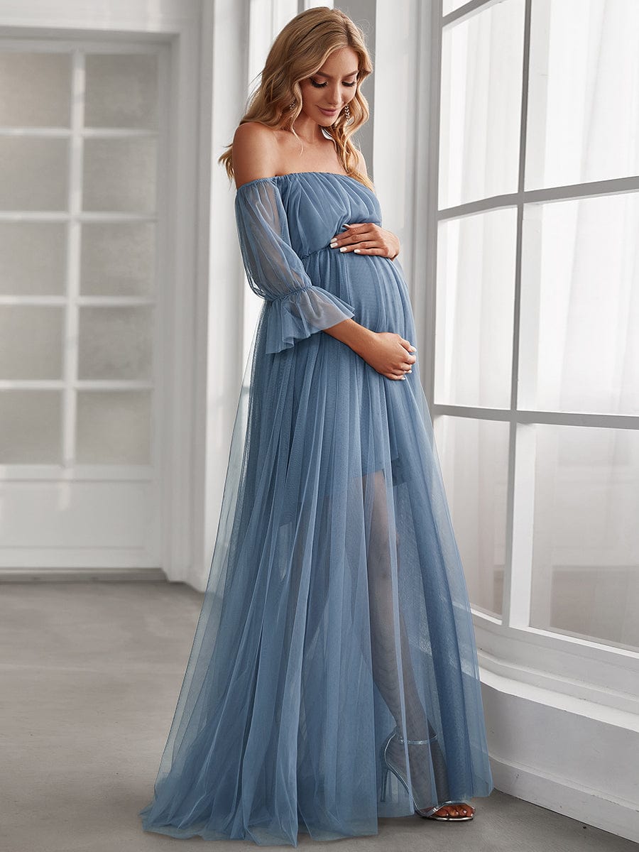 Off the Shoulder Pleated Tulle Maxi Maternity Wedding Guest Dress #color_Dusty Navy