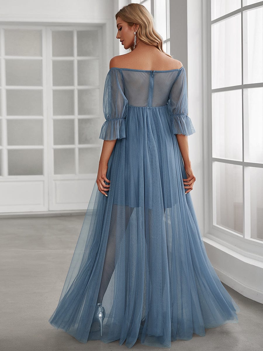 Off the Shoulder Pleated Tulle Maxi Maternity Wedding Guest Dress #color_Dusty Navy