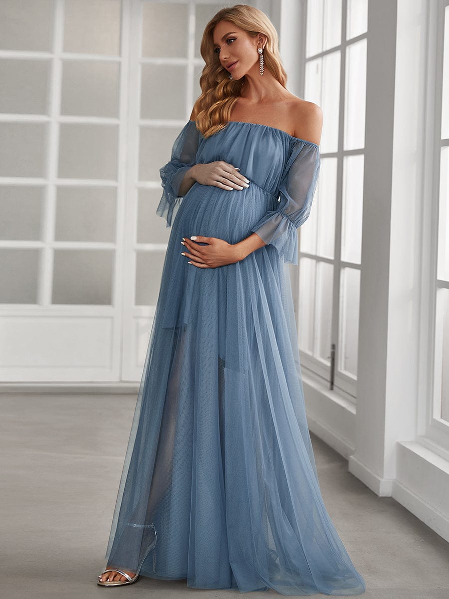 Off the Shoulder Pleated Tulle Maxi Maternity Wedding Guest Dress #color_Dusty Navy