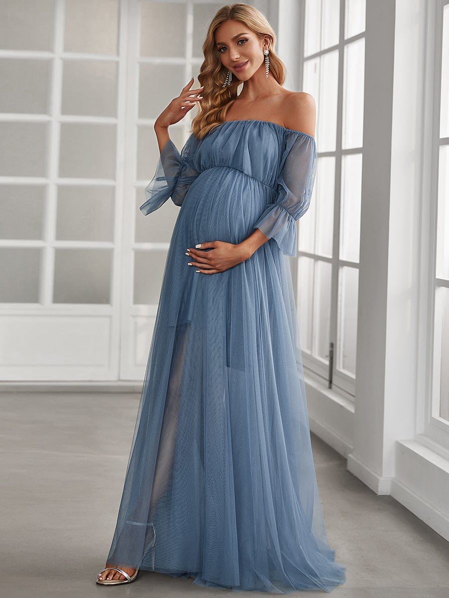 Off the Shoulder Pleated Tulle Maxi Maternity Wedding Guest Dress #color_Dusty Navy