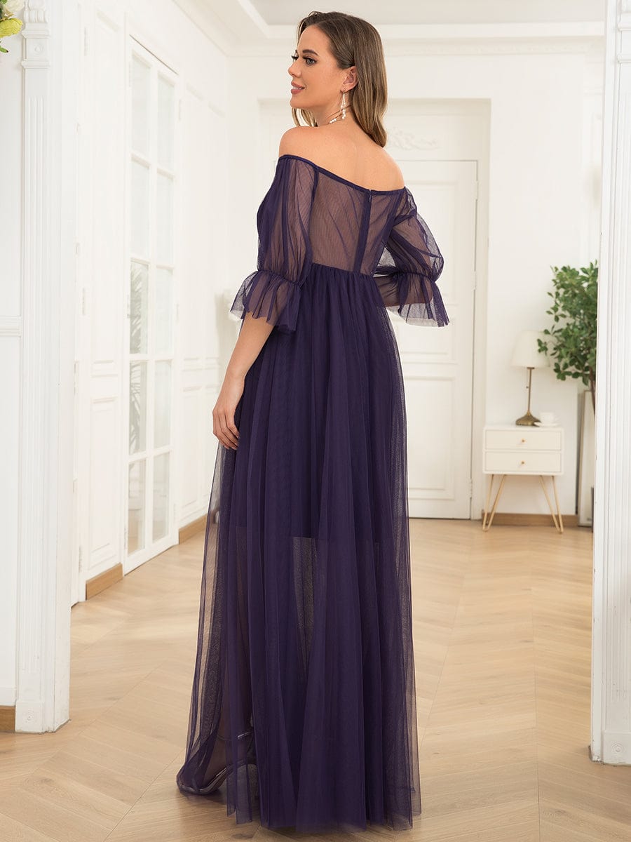 Off the Shoulder Pleated Tulle Maxi Maternity Wedding Guest Dress #color_Dark Purple