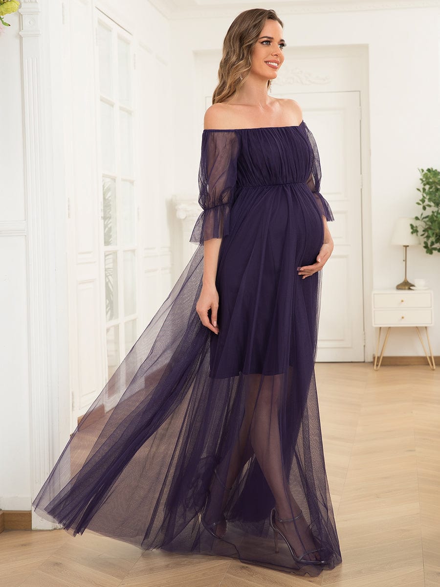 Off the Shoulder Pleated Tulle Maxi Maternity Wedding Guest Dress #color_Dark Purple