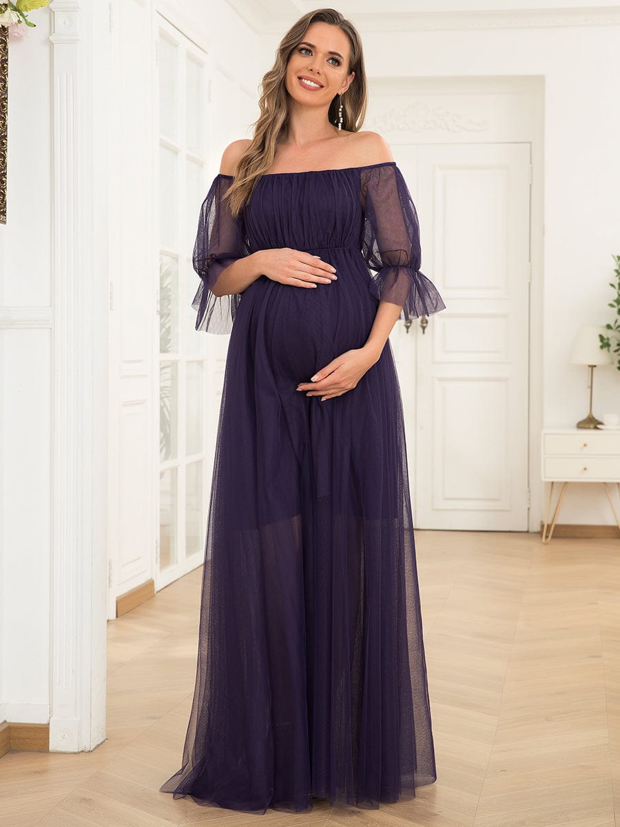 Off the Shoulder Pleated Tulle Maxi Maternity Wedding Guest Dress #color_Dark Purple