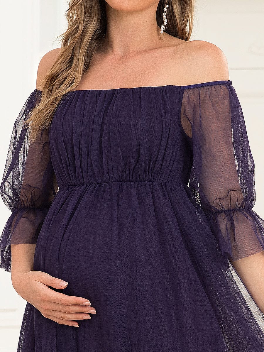 Off the Shoulder Pleated Tulle Maxi Maternity Wedding Guest Dress #color_Dark Purple