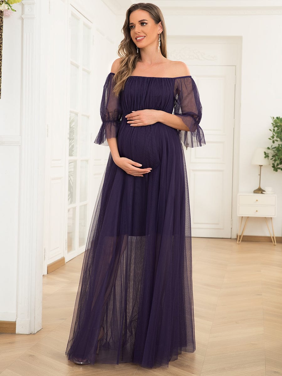 Off the Shoulder Pleated Tulle Maxi Maternity Wedding Guest Dress #color_Dark Purple