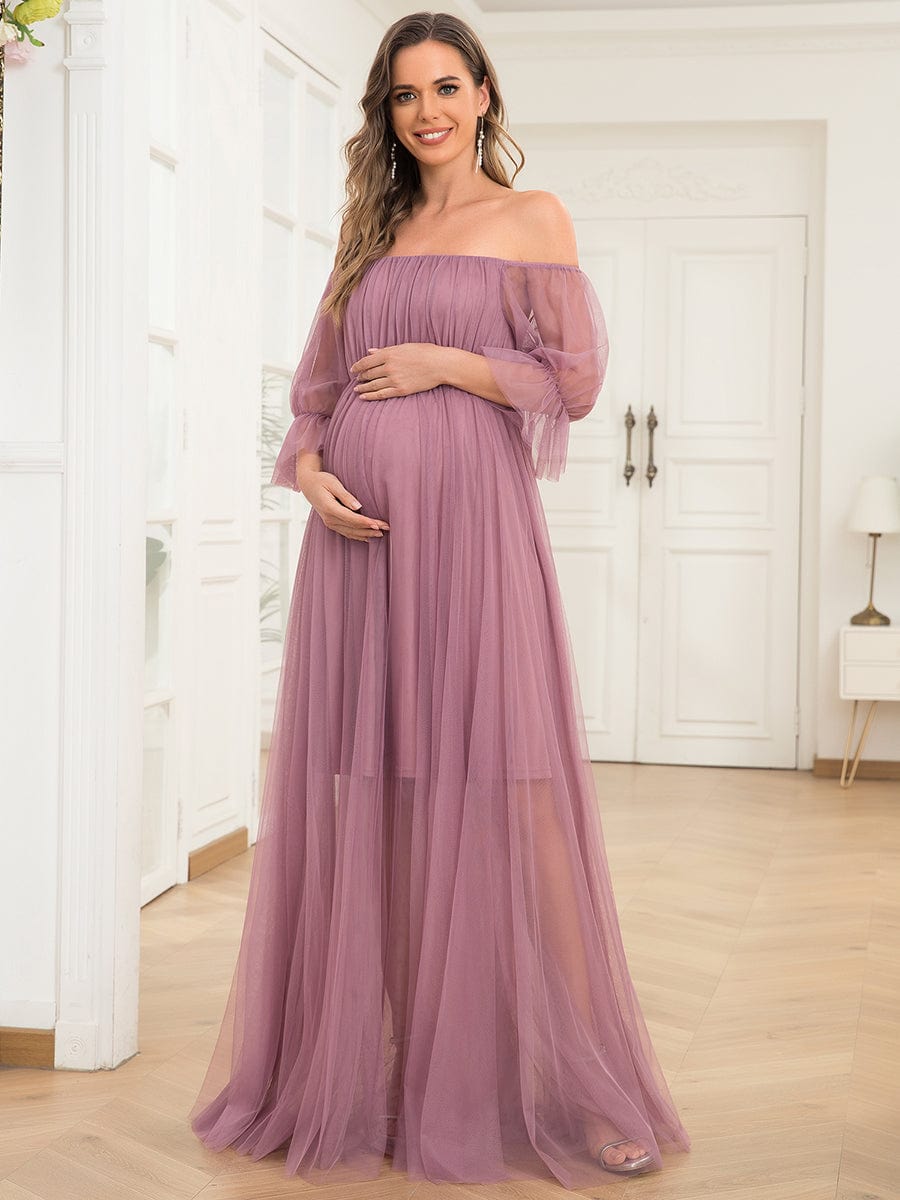 Off the Shoulder Pleated Tulle Maxi Maternity Dress #color_Purple Orchid