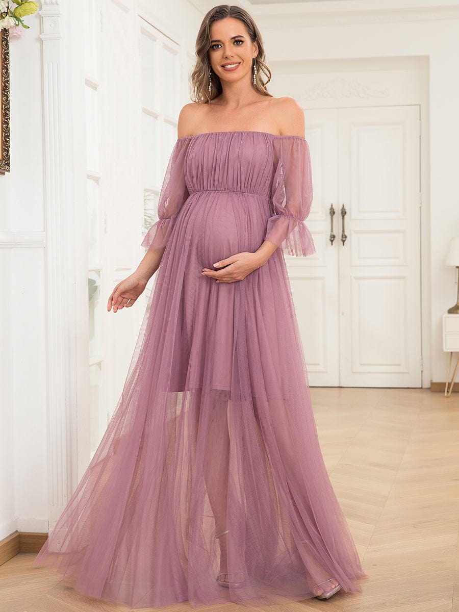 Off the Shoulder Pleated Tulle Maxi Maternity Dress #color_Purple Orchid