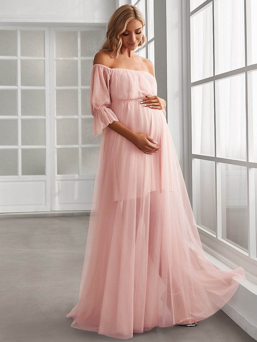 Off the Shoulder Pleated Tulle Maxi Maternity Dress #color_Pink