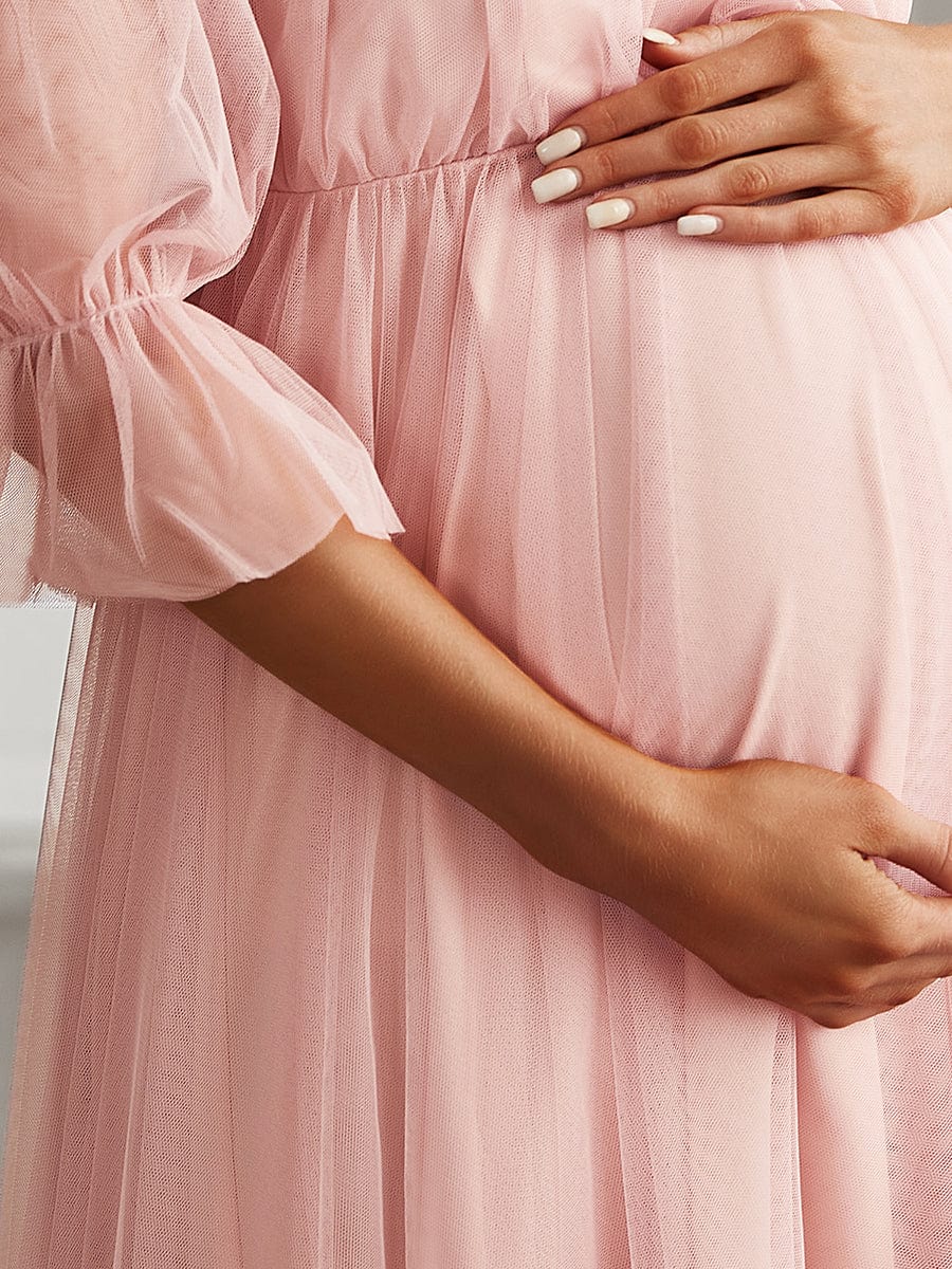 Off the Shoulder Pleated Tulle Maxi Maternity Wedding Guest Dress #color_Pink