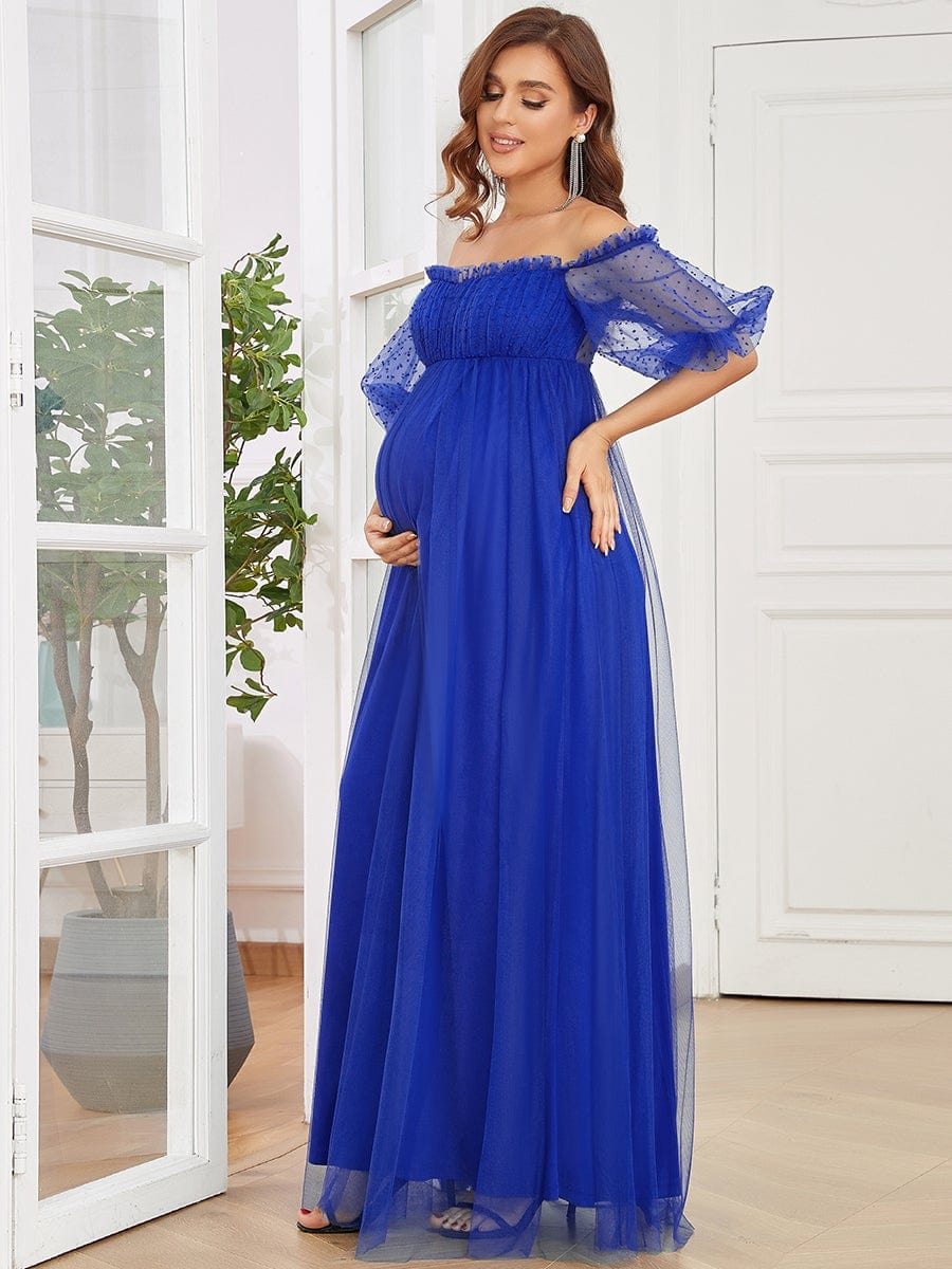 Off Shoulder Sheer Floor Length Maternity Dress #color_Sapphire Blue