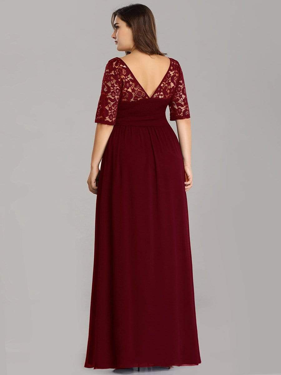 Women's Elegant Lace & Chiffon Maxi Evening Dress with Belt #color_Burgundy