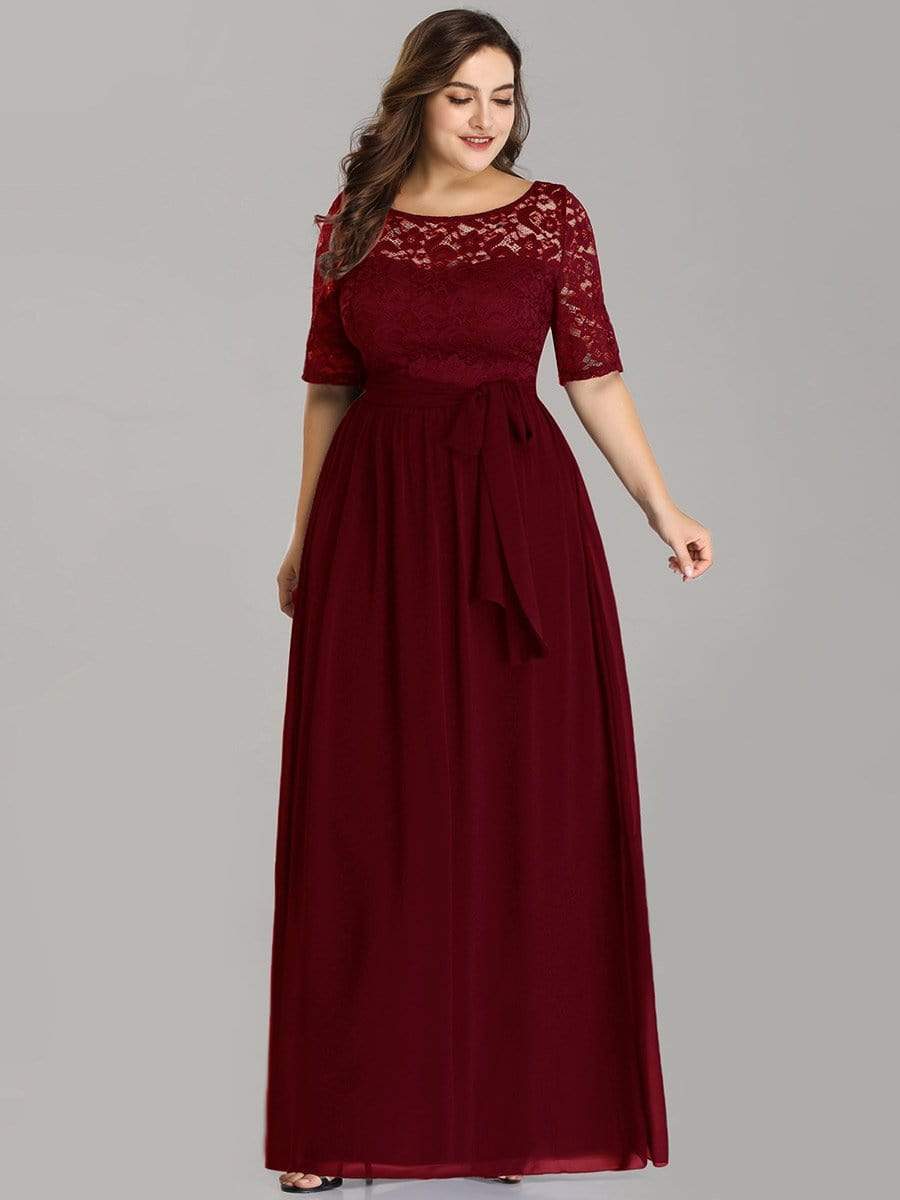 Women's Elegant Lace & Chiffon Maxi Evening Dress with Belt #color_Burgundy