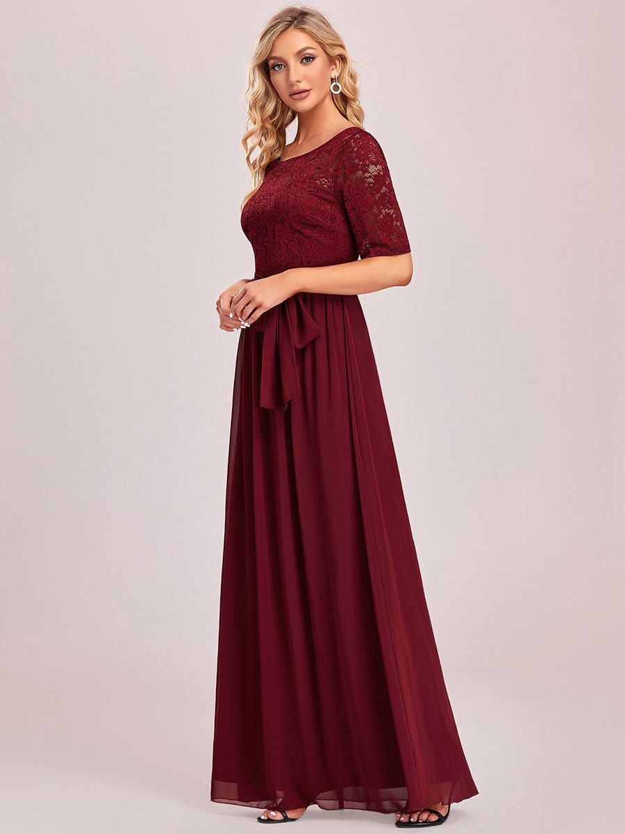 Women's Elegant Lace & Chiffon Maxi Evening Dress with Belt #color_Burgundy