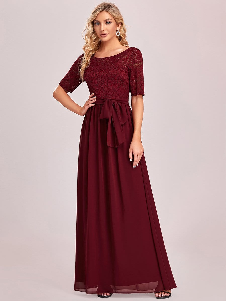 Women's Elegant Lace & Chiffon Maxi Evening Dress with Belt #color_Burgundy