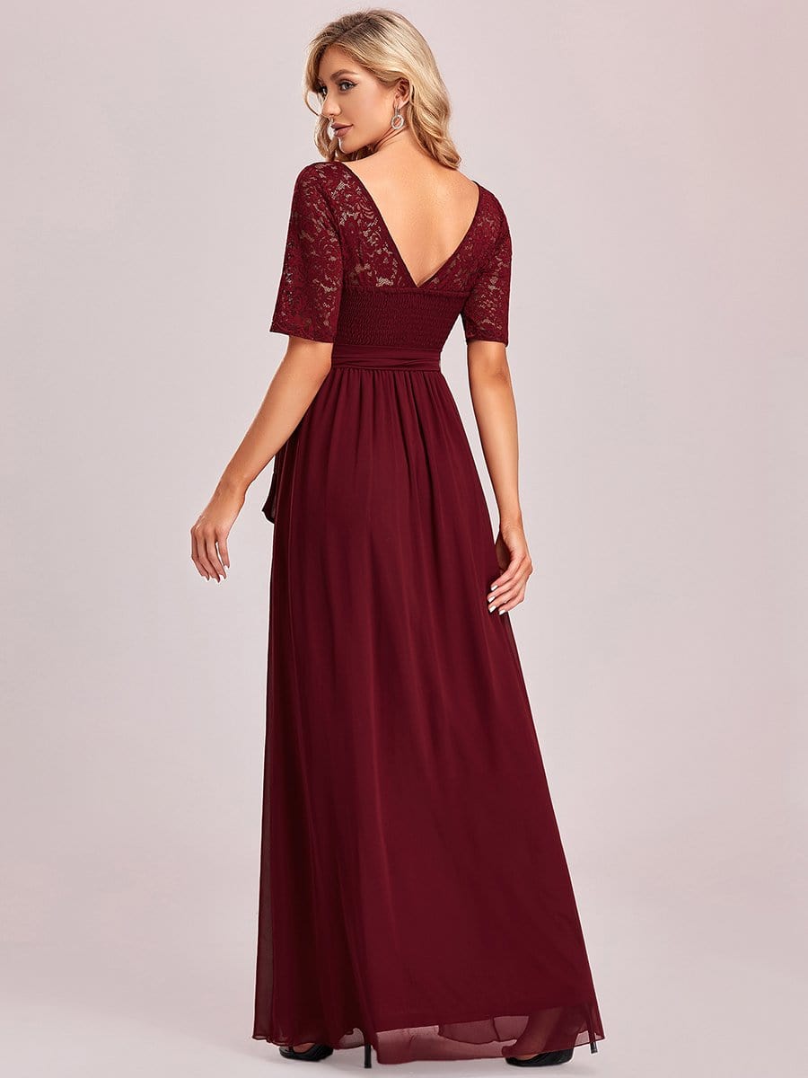 Women's Elegant Lace & Chiffon Maxi Evening Dress with Belt #color_Burgundy