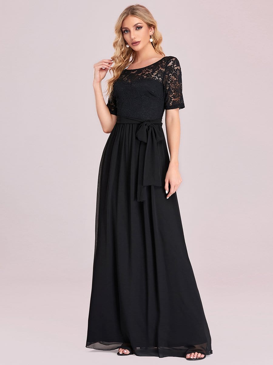 Women's Elegant Lace & Chiffon Maxi Evening Dress with Belt #color_Black