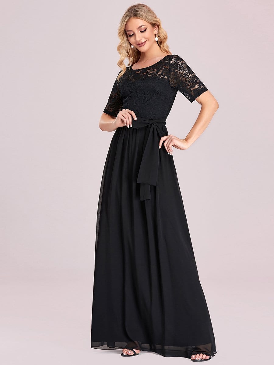 Women's Elegant Lace & Chiffon Maxi Evening Dress with Belt #color_Black