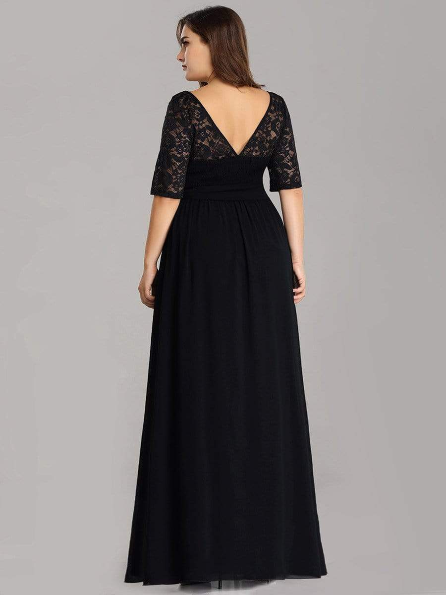 Women's Elegant Lace & Chiffon Maxi Evening Dress with Belt #color_Black