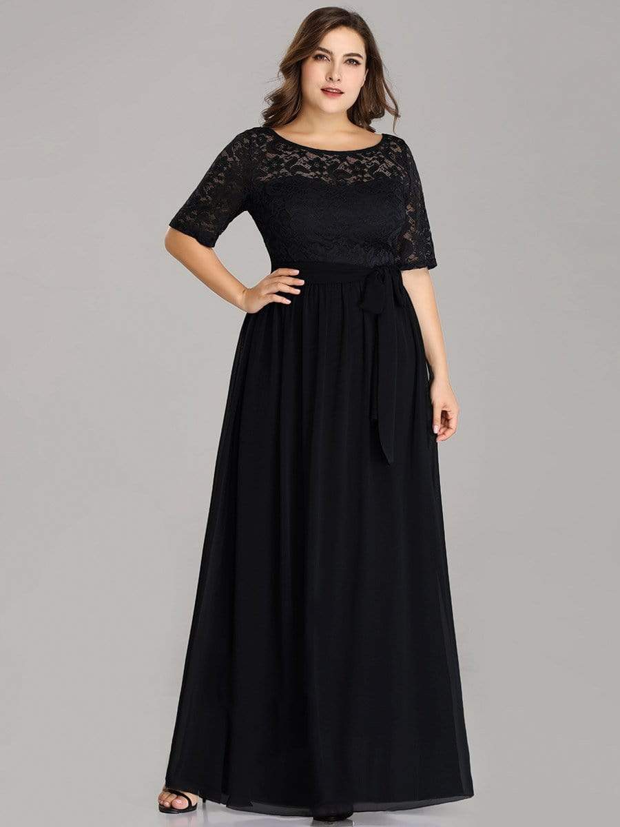 Women's Elegant Lace & Chiffon Maxi Evening Dress with Belt #color_Black