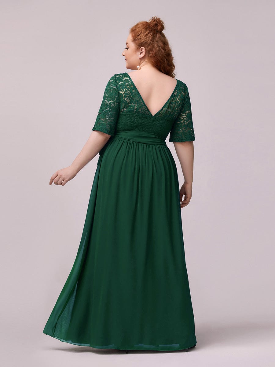 Women's Elegant Lace & Chiffon Maxi Evening Dress with Belt #color_Dark Green