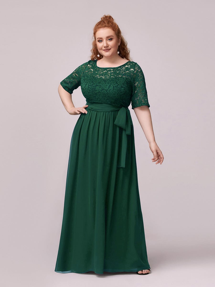 Women's Elegant Lace & Chiffon Maxi Evening Dress with Belt #color_Dark Green