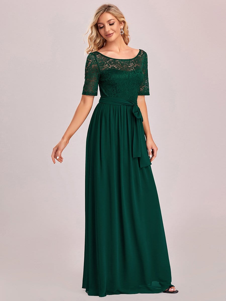 Women's Elegant Lace & Chiffon Maxi Evening Dress with Belt #color_Dark Green