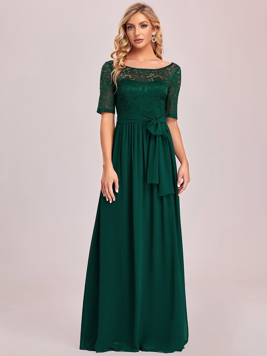 Women's Elegant Lace & Chiffon Maxi Evening Dress with Belt #color_Dark Green