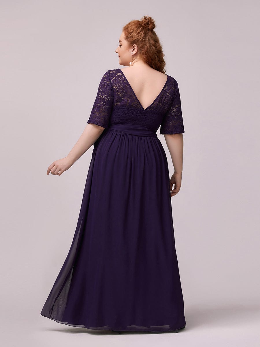 Women's Elegant Lace & Chiffon Maxi Evening Dress with Belt #color_Dark Purple